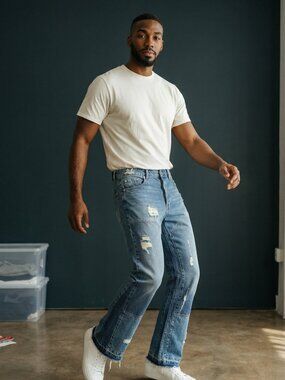 Distresses Patchwork Flared Men's Jeans